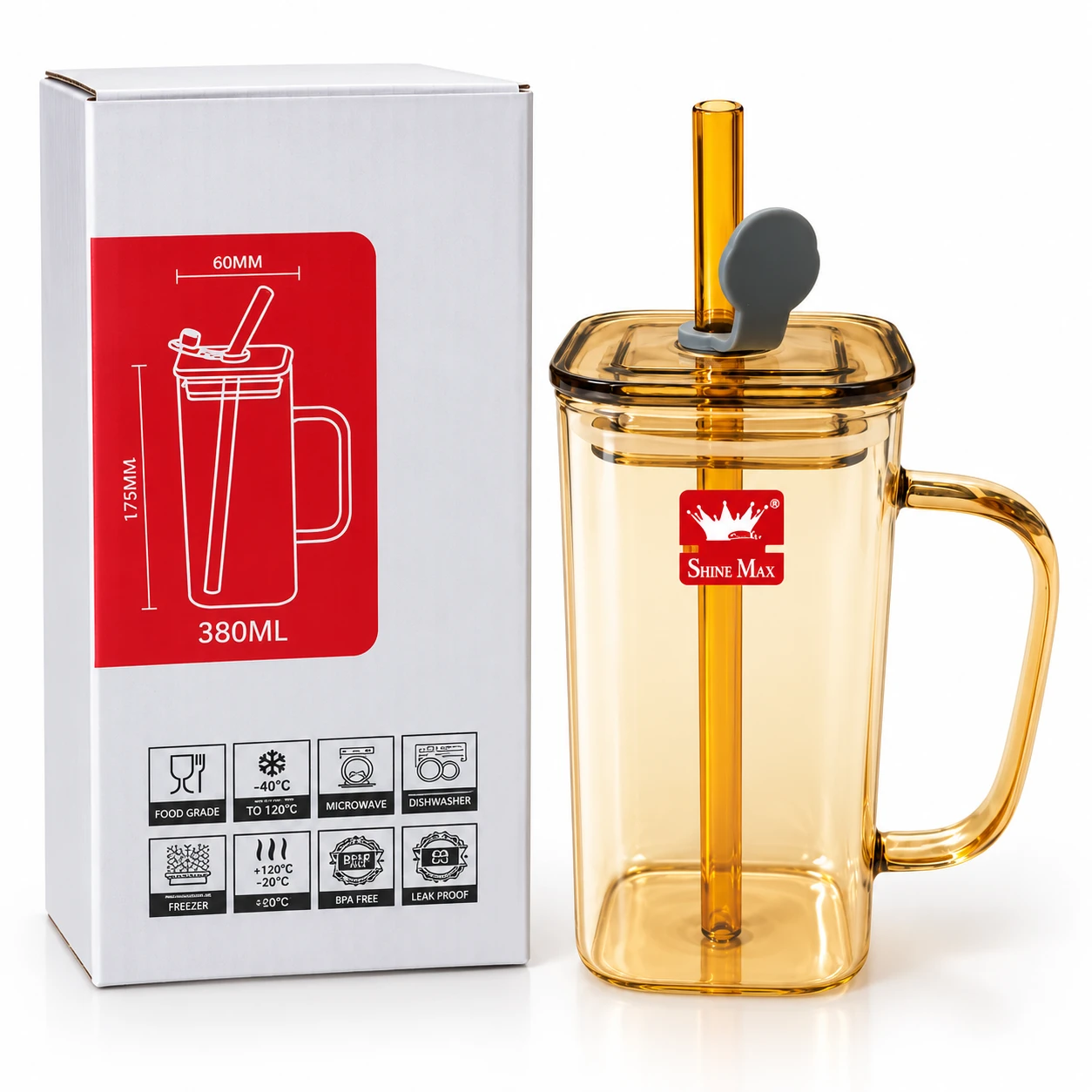 Borosilicate Glass Mug with Lid & Straw — 380ml - view 2